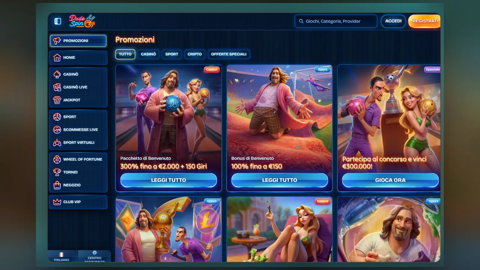 La pagina Promozioni di Dudespin con il pacchetto di benvenuto 300% fino a €2.000 + 150 Giri e il bonus sport 100% fino a €150